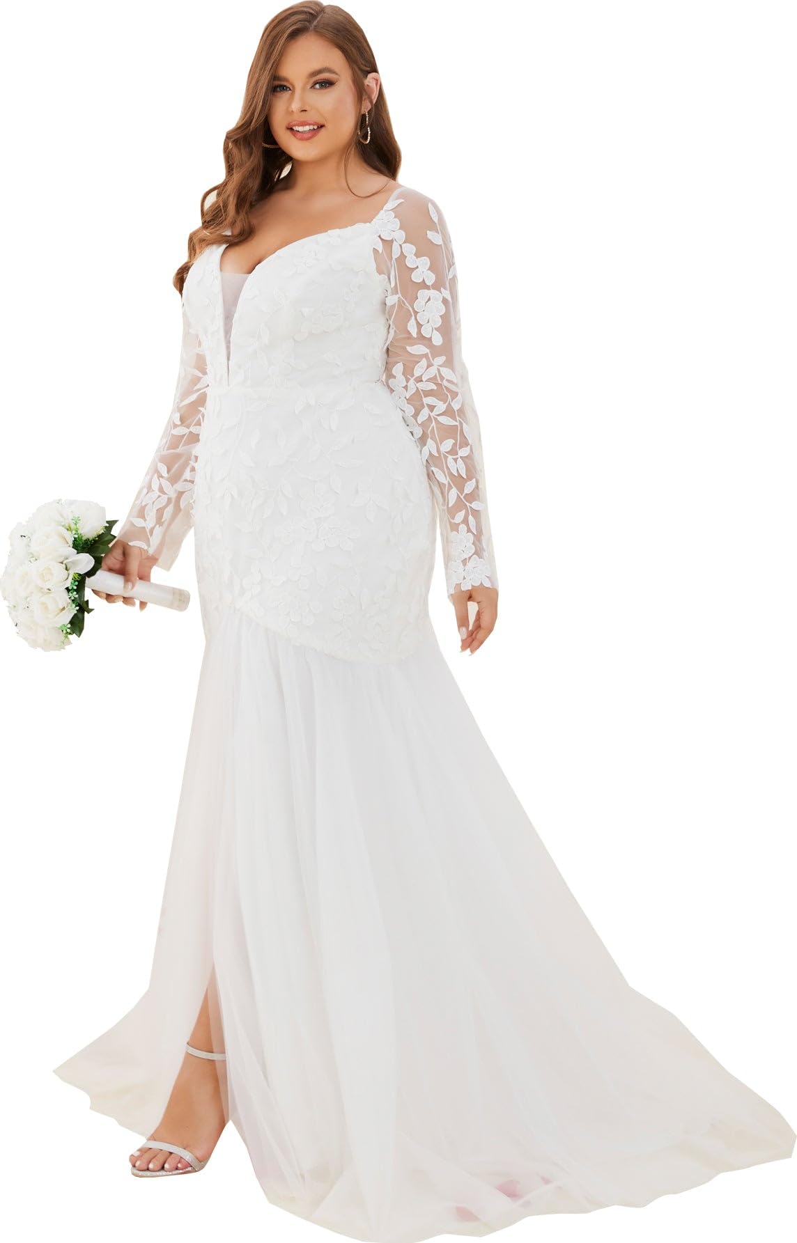 Women Plus Size Leaf Applique Long Sleeve V-Neck Split Thigh Mesh Mermaid Wedding Dress