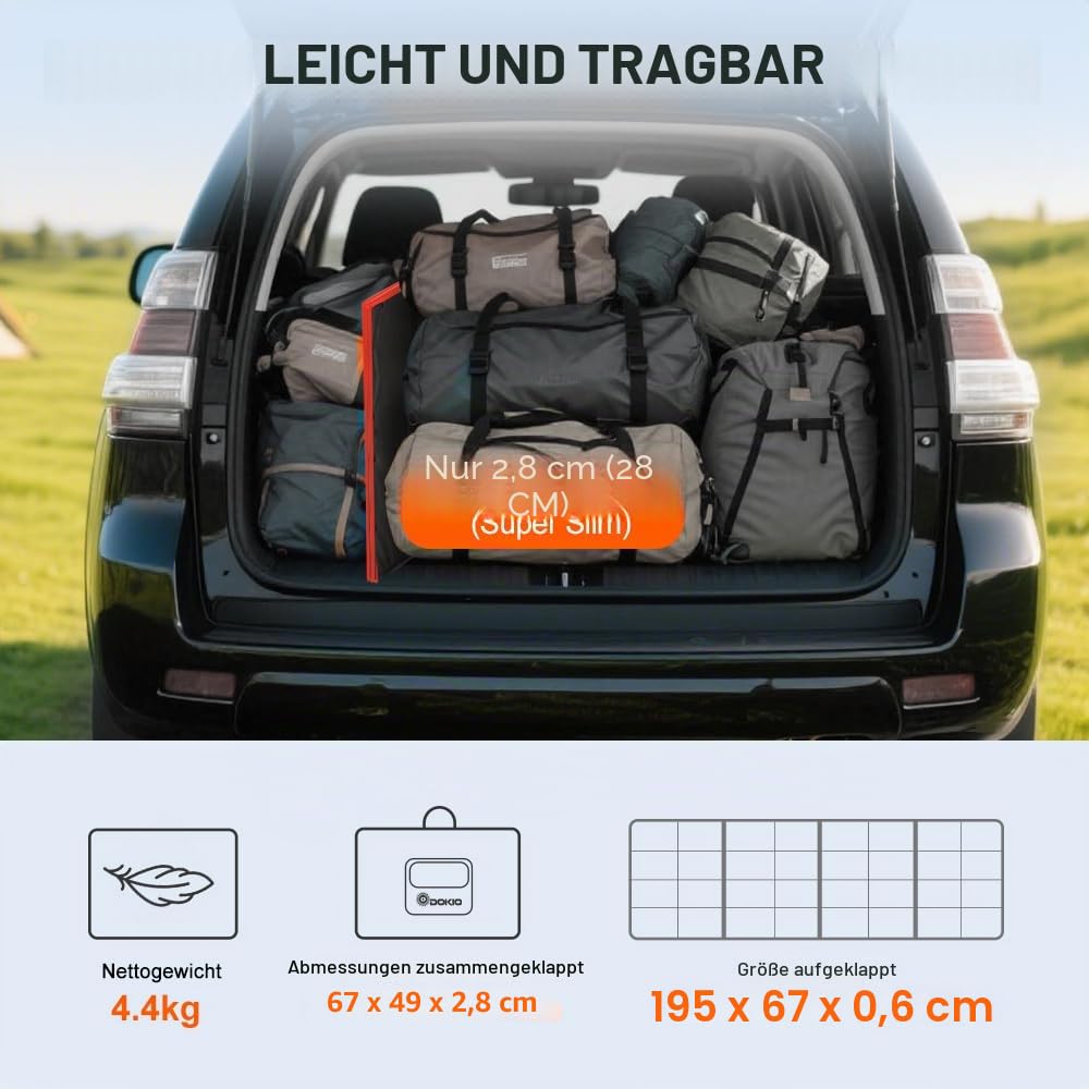 DOKIO Solarpanel Faltbar 200W 18V Kit Monokristalline mit Solar Ladegerät LCD Anzeige 2 USB Ausgang Kabel für 12V Kfz Batterie