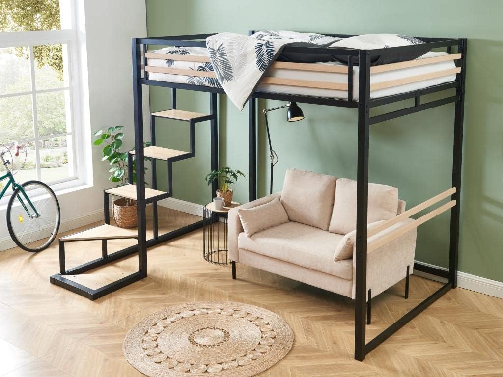 Vente-unique JOGUI high bed with a sofa and lamp underneath, showcasing анын мейкиндикти үнөмдөөчү дизайны.