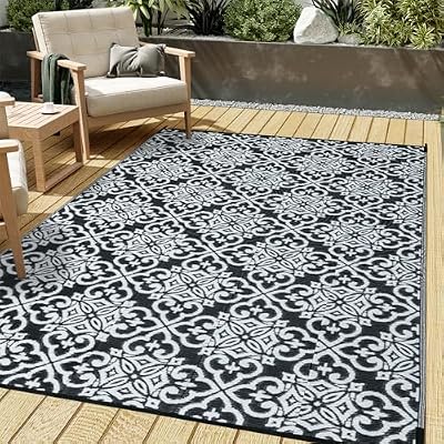 HUGEAR Outdoor Rug for Patios Clearance,Waterproof Mat,Large Outside Carpet,Reversible Plastic Straw Camping Rugs,Rv,Porch,Deck,Camper,Balcony,Backyard (5x8,Danica/Black&White)