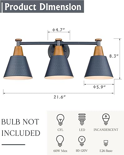 Miniatura 6 de FEMILA 4FG59B-3W - Lámpara de tocador de baño, moderna lámpara de baño de 3 luces con acabado de pantalla de metal martillado, lámpara de pared azul