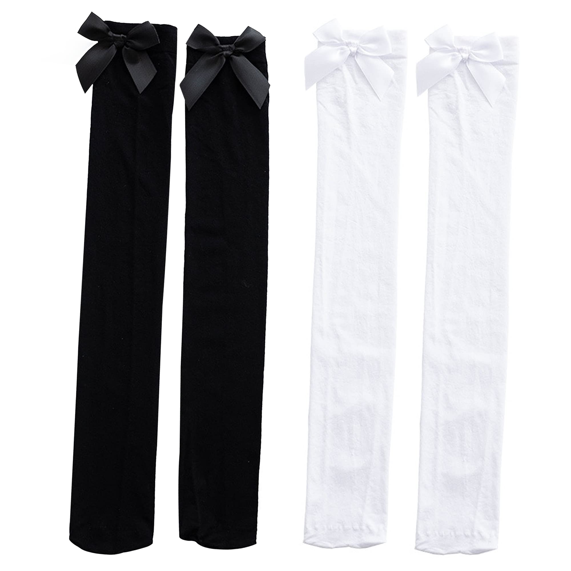 2 Pairs Knee High Socks Thigh High Stockings,Black and White Knee High Bow Socks Women's Knee-High Socks Frilly Ribbons Bow Long Socks for Women Over The Knee