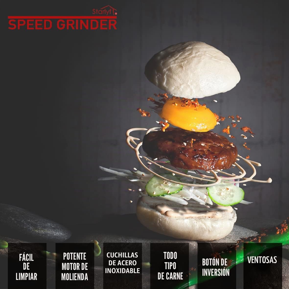 STARLYF Speed Grinder – Picadora de Carne Eléctrica, Disco Acero inoxidable, Potente, Carne Picada, Hamburguesas, Albóndigas, Salchichas o Kibbeh - Servicio Post Venta -