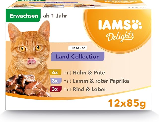 Iams Delights Land Collection Mokra karma dla kotów, opakowanie zbiorcze z różnym mięsem (jagnięcina, wołowina, kurczak i indyk) w sosie, mokra karma dla kotów od 1 roku życia, 12 x 85 g