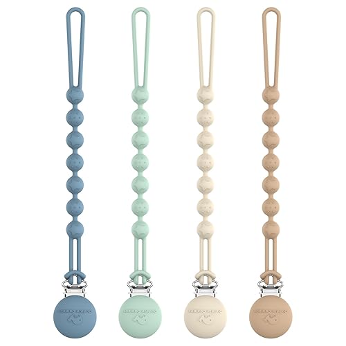 Cuddle Campus Soporte de clip de silicona para chupete con diseño de una pieza, paquete de 4 clips suaves y flexibles con textura para bebé niño y