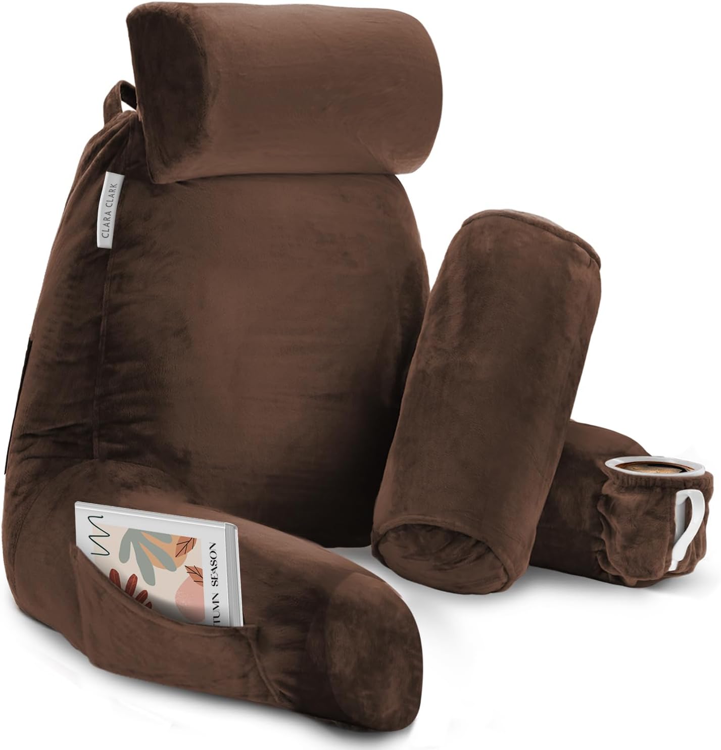 Clara Clark Reading Pillow with Shredded Memory Foam Includes 2 Neck and Lumber Support Pillows, Designed for Sitting Up in Bed and Couch, Back and Arms Adjustable Support for Adults, Chocolate Brown