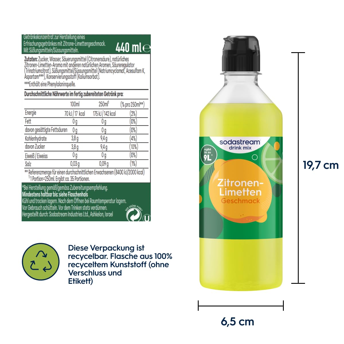 Sodastream drink mix Zitrone-Limette – Sirup für gesprudeltes & stilles Wasser, 4er Pack (4 x 440 ml),ergibt bis zu 9L Fertiggetränk