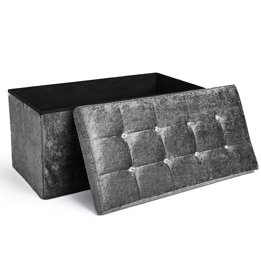 Home Republic Crushed Velvet Ottoman Storage Box – Foldable Cube Ottoman with Lid – Multipurpose Toy Chest, Foot Rest, Bench Seat & Nursery Storage Solution (Charcoal, 76W)