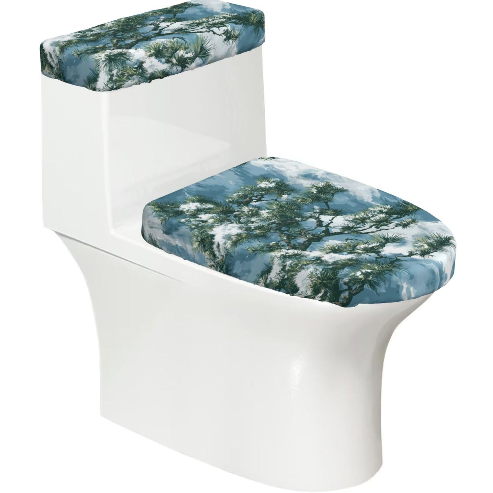 Ink Pine Branches 2-Piece Toilet Seat Cover Set with Tank Lid - Elastic for U-Shape & Elongated - Bathroom Decor