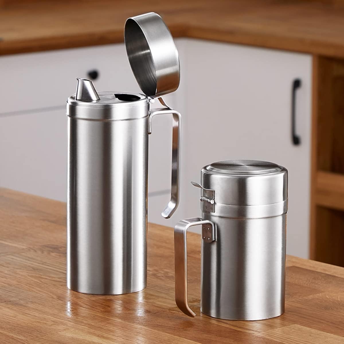 Bottiglia dispenser per olio, in acciaio inox, a prova di perdite, per olio d'oliva, aceto, salsa di soia, contenitore da cucina con coperchio, perfetto per cucinare e servire