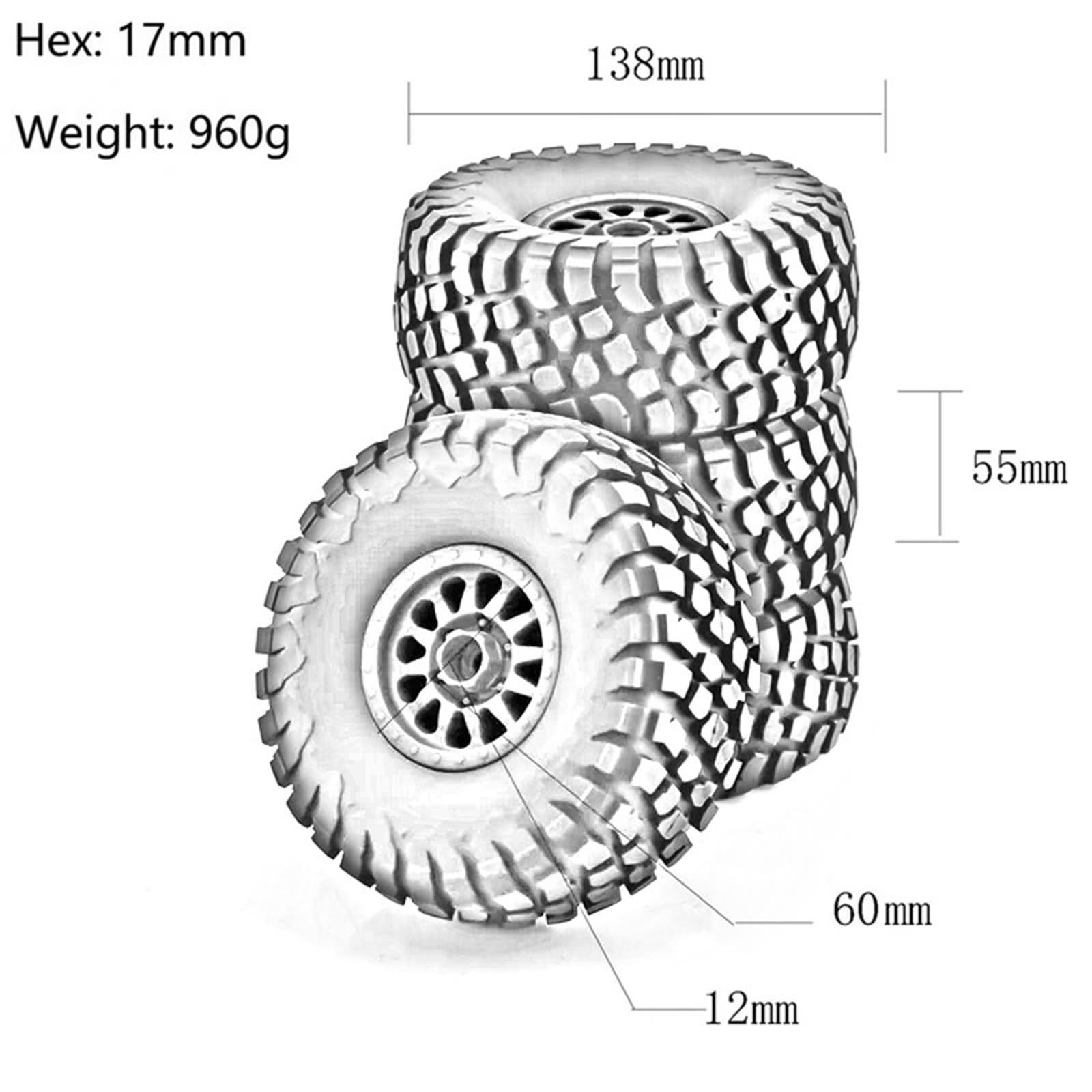 Lot 4 Pneus RC 138 Mm 1/7 Hex 17 Mm – Pneus Tout-Terrain Pour Arrma Mojave, Traxxas UDR, Yikong DF7
