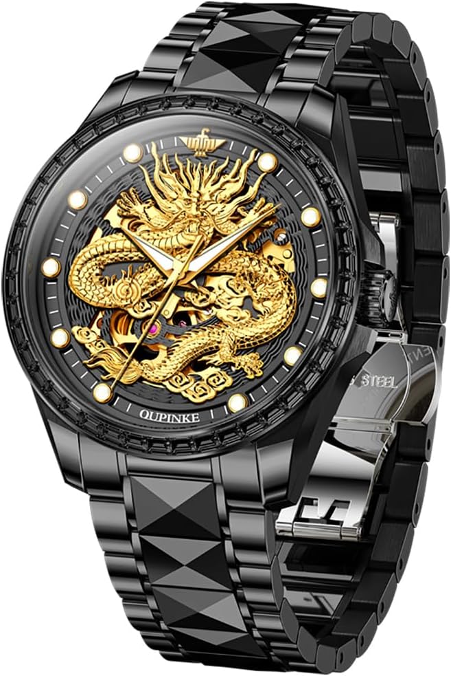 OUPINKE Gold Men Automatic Mechanical Wrist Watches Luxury Dress Tungsten Steel Luminous Waterproof Sapphire Diamond Calendar Best Gifts Men