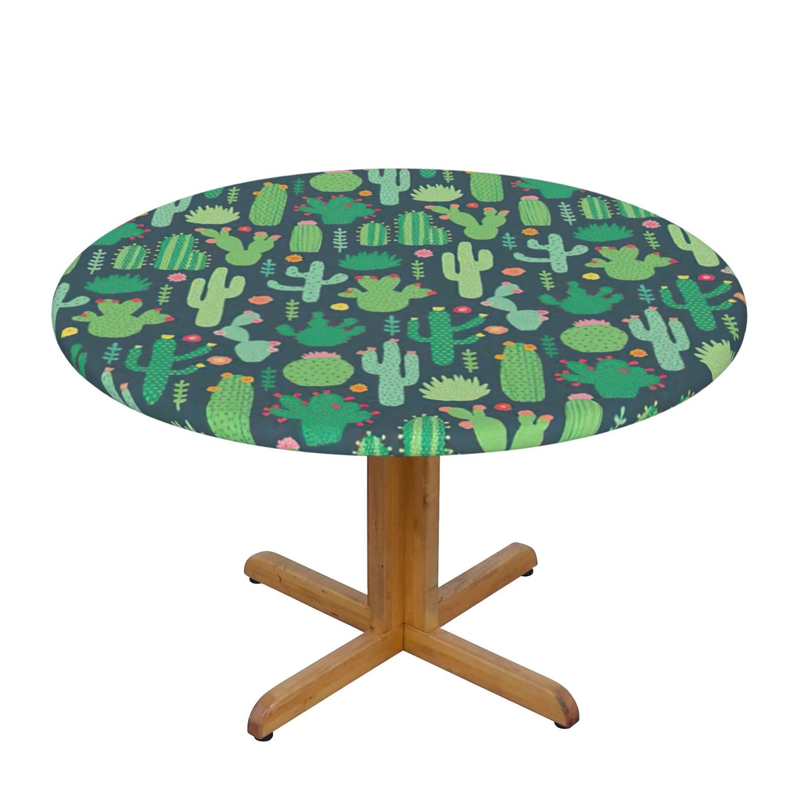 ZHUanyeg Cute Cactus Seamless Illustration Print Waterproof Oxford Round Tablecloth, Elastic Fitted Table Cover For Indoor Outdoor Dinner, Picnic