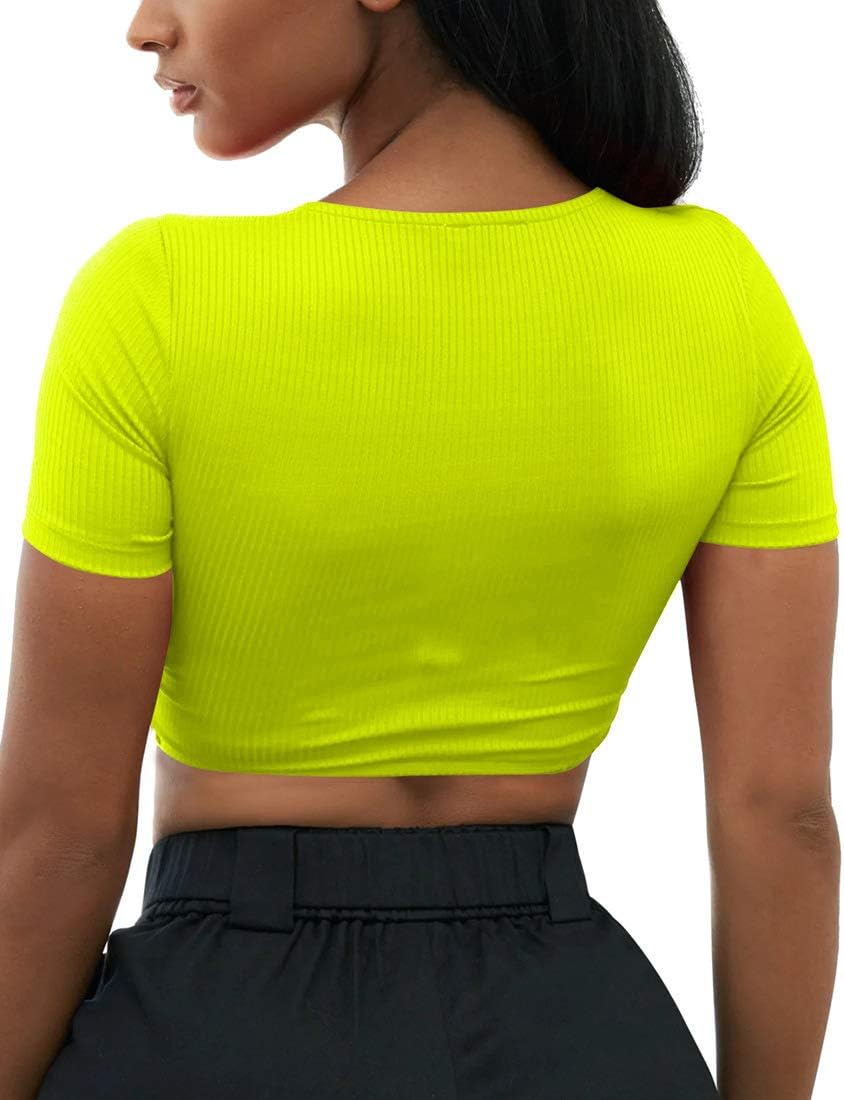 Mizoci Women's Sexy Knot Front Crop Top Deep V Neck Short Sleeve Basic Casual T Shirt - Image 5