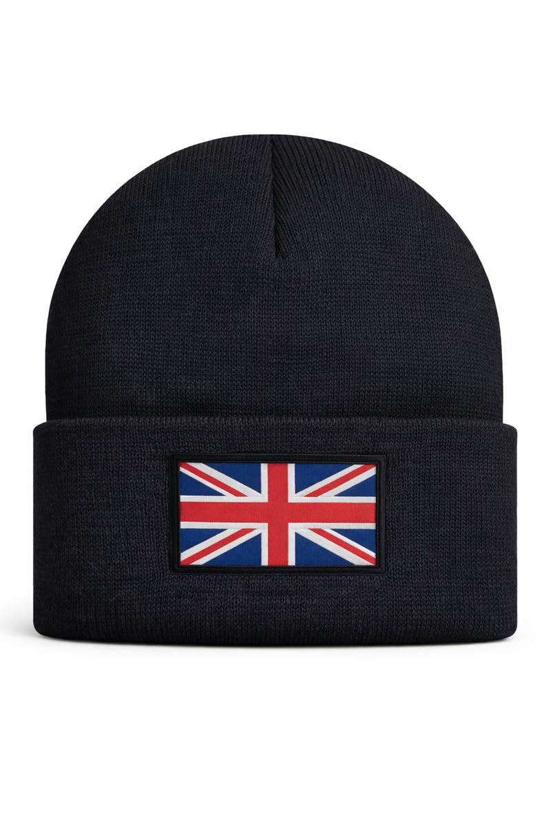 Beyond Happy Unisex Black Union Jack Beanie Hat – Winter Knit Hat With Embroidered Uk Flag – 100% Acrylic, Warm & Comfortable (Black)