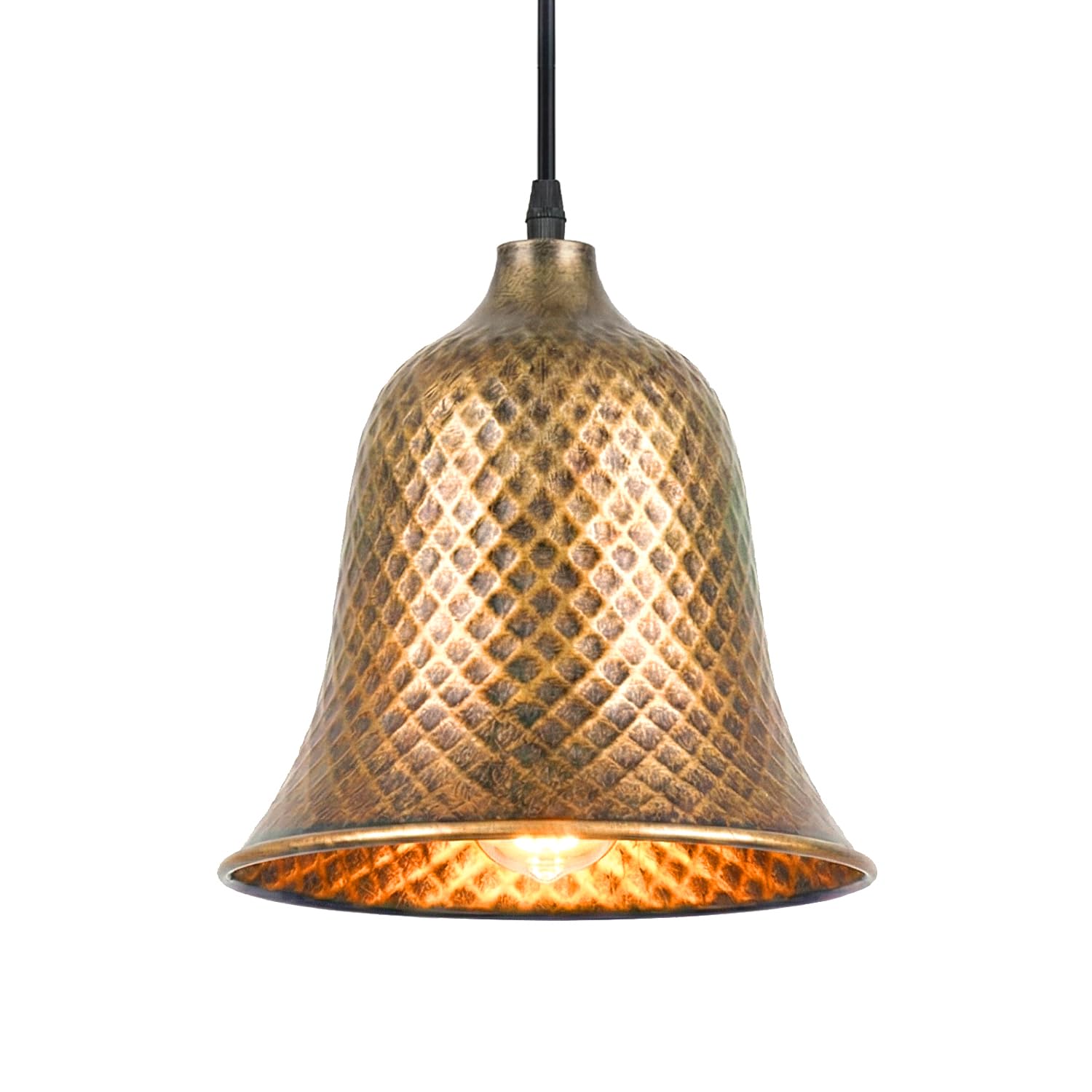 LEDSone Industrial Pendant Light Antique Bronze Diamond Pattern Bell Shape Metal Ceiling Hanging Lamp with 1m Adjustable Cable, Rustic Retro Lighting for Kitchen Island, Dining Room, Bar & Cafe