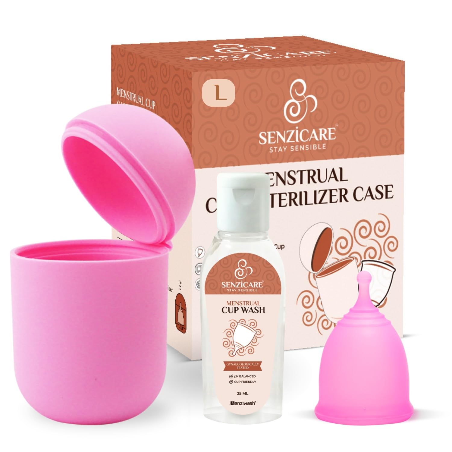 Senzicare Reusable Menstrual Cup (Large Pink) with Microwaveable Sterilizer Case (1 Cup + 1 Case + Wash) | FDA Approved | 100% Medical Grade Silicone | Rash-Free & Leak-Proof Protection for 10 Hours