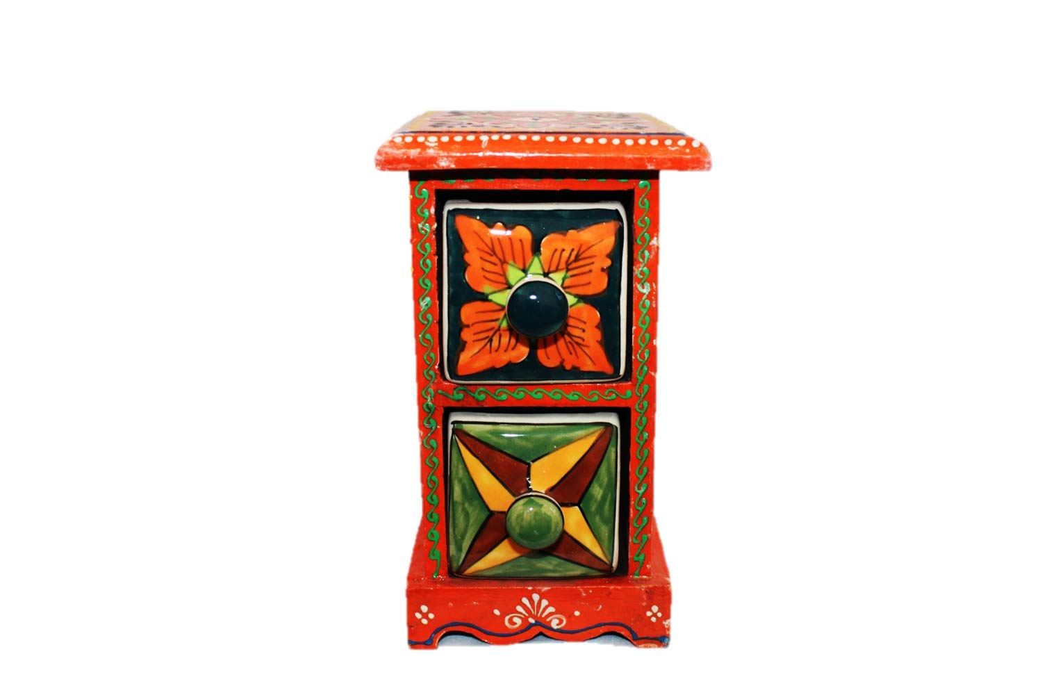 SHRIYAM CRAFT Embossed Painting Handmade Wooden and Ceramic 2 Drawers Small Chest Jewellery Organizer Desk Table (Orange)-image-29