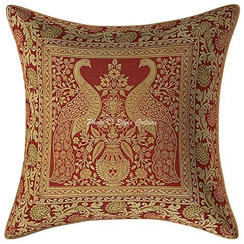 Image of Decorative Brocade Cushion Covers 16 Inch x 16 Inch Banarasi Jacquard Maroon & Gold Drawing Room Peacock Square Festive Decor 40x40 cm Zippered Sofa Settee Pillowcases -Set of 5 Pcs