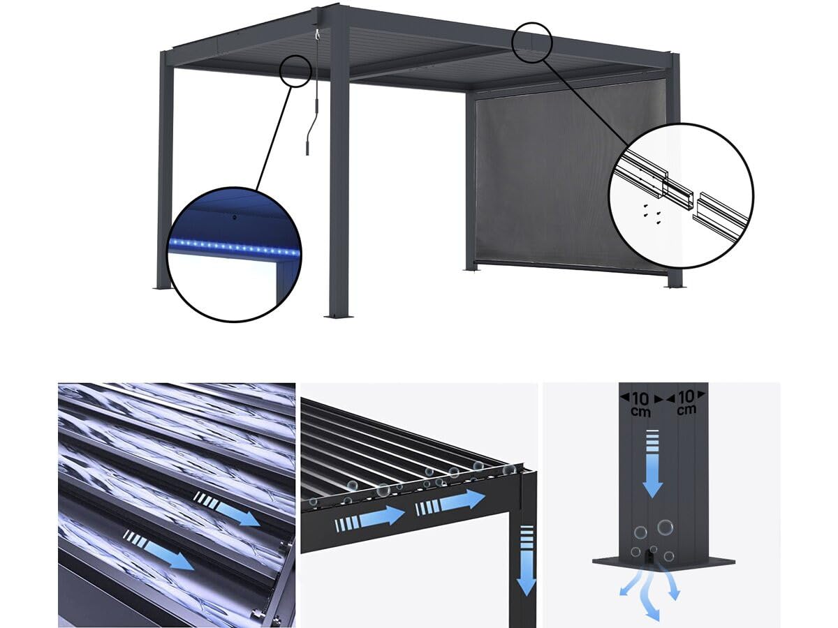 Pergola bioclimatique avec LED et Store en Aluminium Windsor Premium - 3 x 4 m - Gris