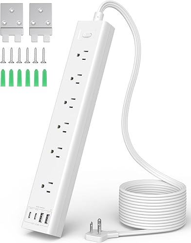 Miniatura 8 de Regleta protectora de sobretensiones, regleta de alimentación montable con 6 tomas espaciadas amplias, 2 USB-C 2 USB-A, enchufe plano, cable de