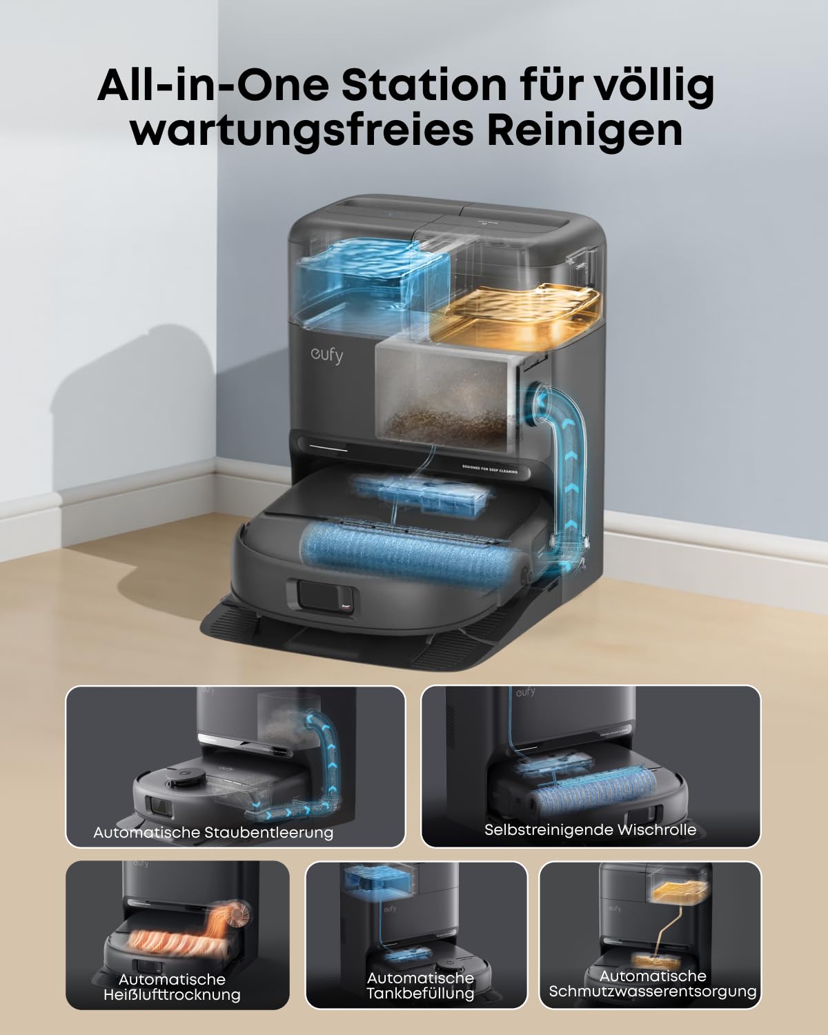 eufy Neuheit 2026 von Anker Saug- und Wischroboter C28 5-in-1 mit selbstreinigender HydroJet-Wischrolle, 15.000Pa Turbo-Saugkraft, Anti-Verheddern, KI-Hindernisvermeidung