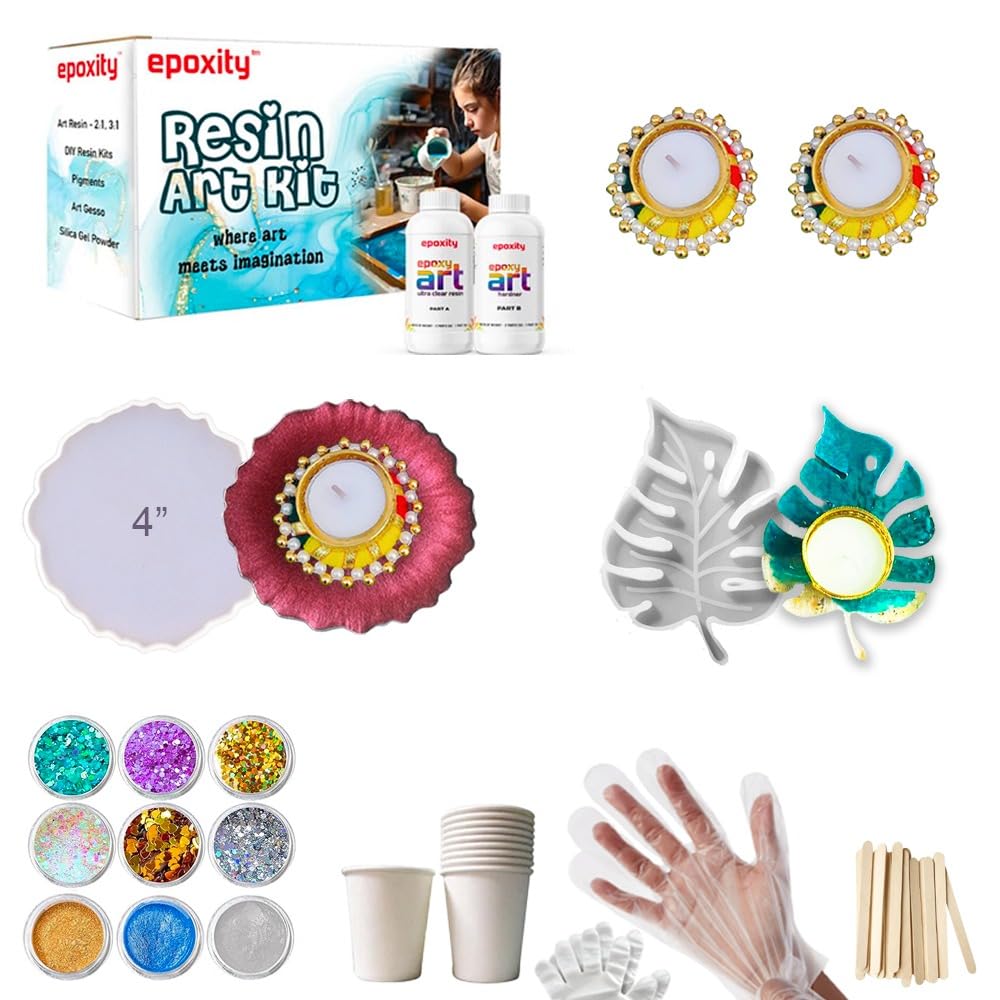 Epoxity Diya Making Resin Art kit | with Leaf Tealight Candle | for Diwali Home Decoration Diya Lights
