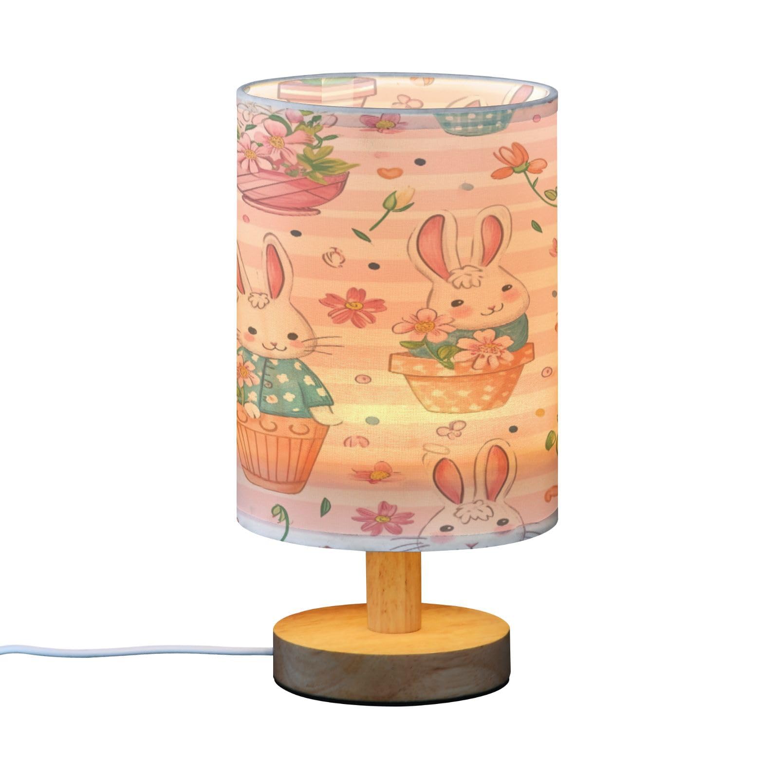 SDMKA Cute Easter Pattern Bedside Table Lamp for Bedroom, Minimalist Nightstand Lamp with Round Fabric Shade for Living Room, Office, No Bulb Required