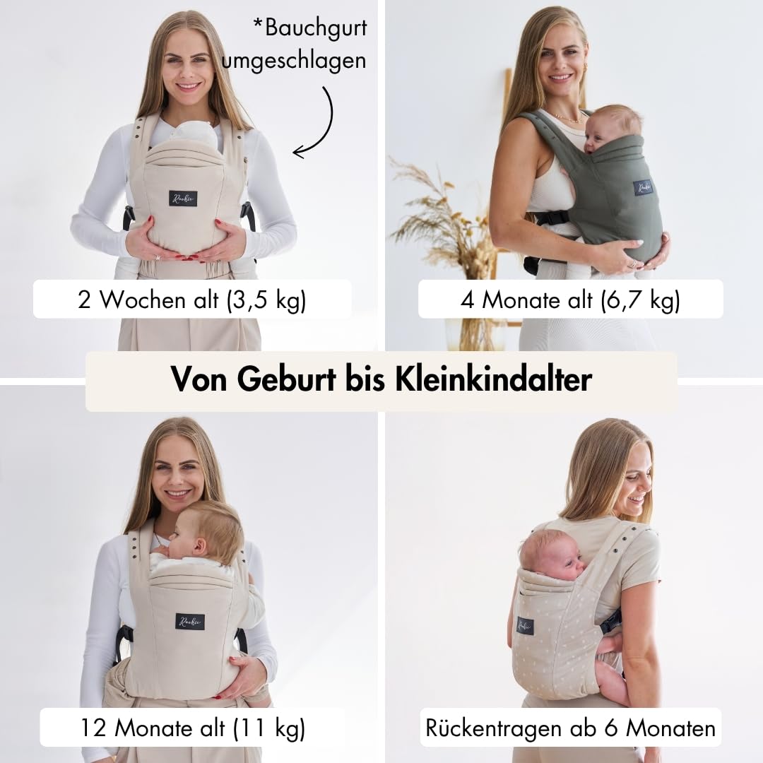 Rookie Babytrage ab Geburt - Ergonomisch, Bequem, Bio-Stoffe - Premium Elite Design - Baby Trage schnell & einfach angelegt - Baby carrier für Neugeborene bis 2 Jahre (Beige) - 5