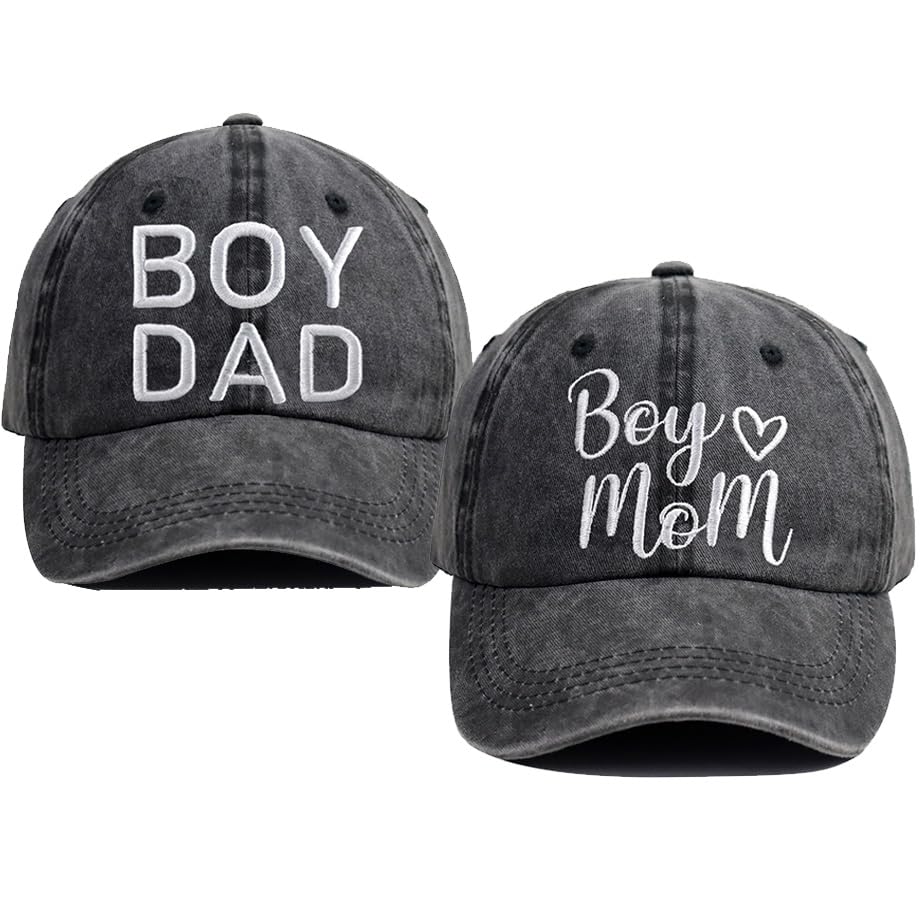Image of 2 PCS Boy Mom and Boy Dad Hats for Women Men, Mother’s Father's Day Birthday Mama Gifts from Daughter Son, Embroidered Adjustable Washed Cotton Couples Mr Mrs Baseball Cap(Embroidered Black)