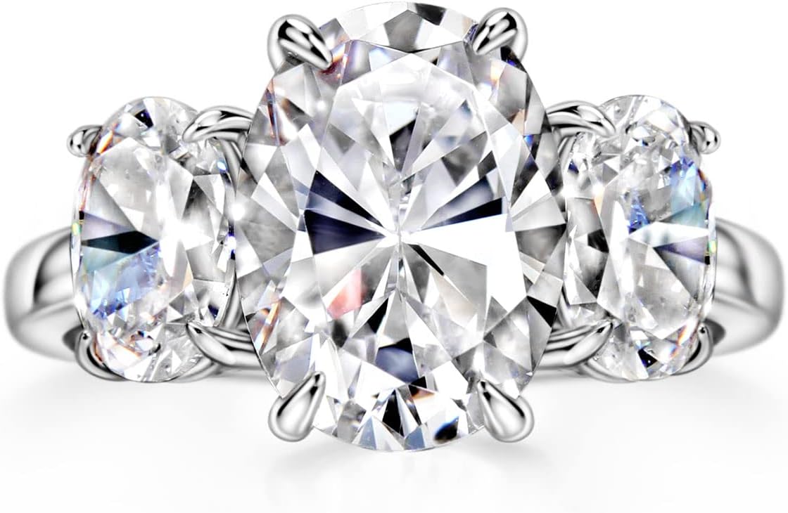 Michooyel Sterling Silver 3-Stones Engagement Ring Oval Cut 5.6cttw Cubic Zirconia Women Rings