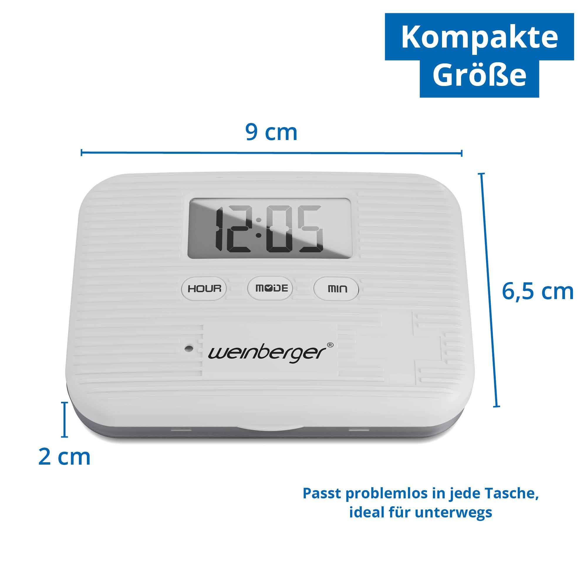 Weinberger Pudełko na pigułki, pudełko na pigułki, dozownik leków z alarmem wibracyjnym i funkcją alarmu biały/cyfrowy/bardzo jasny/model: 02263