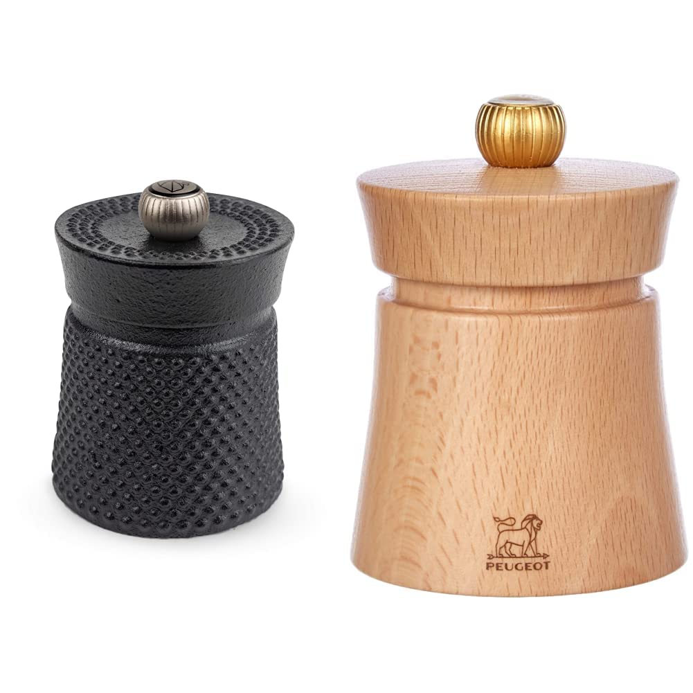Peugeot Bali Fonte Manuelle Pfeffermühle, Klassische Mahlgradeinstellung, Höhe: 8 cm, Gusseisen, Schwarz, 35402 & 27889 Baya Salzmühle 8 cm, natur