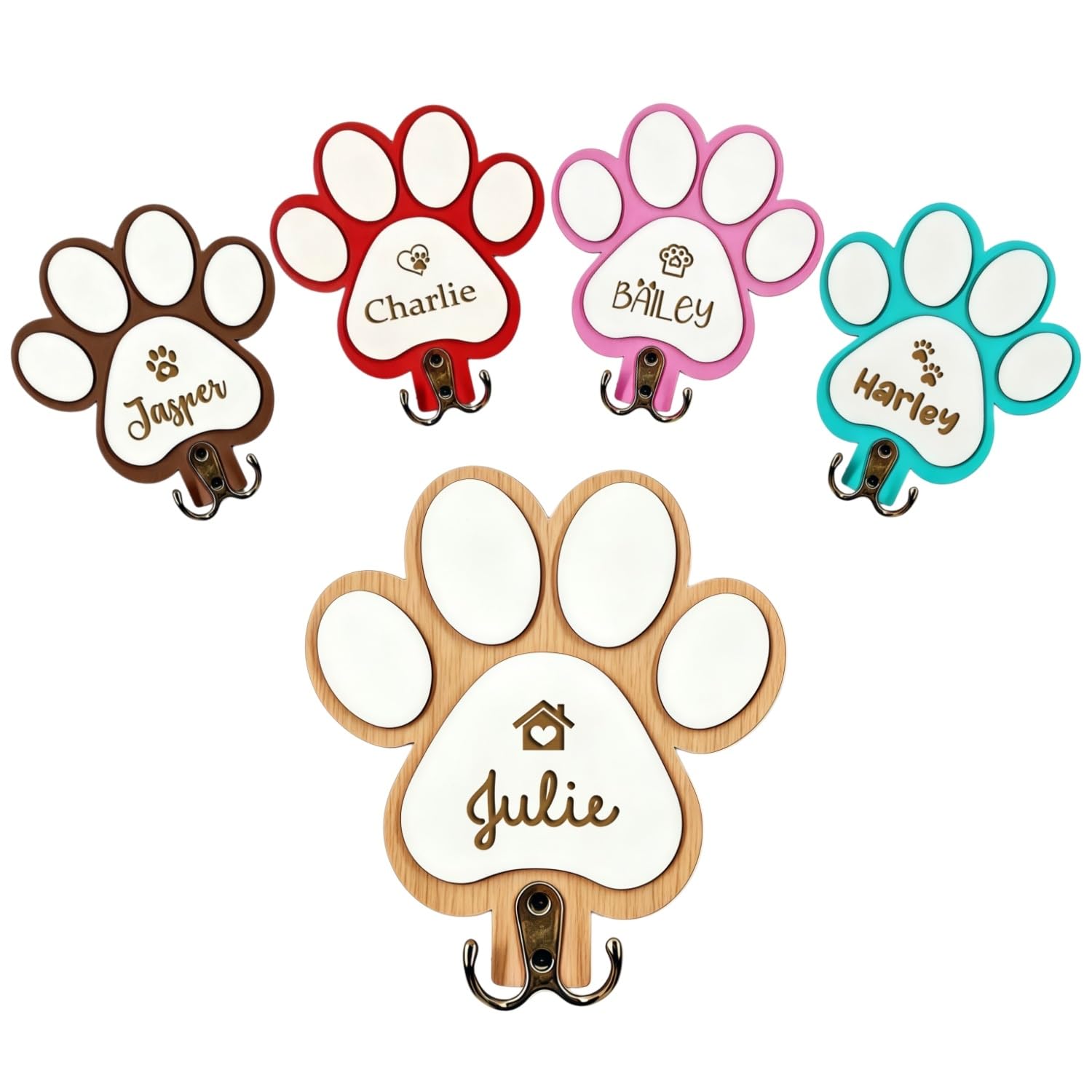 BFBZYME Personalized Dog Leash Holder Wall Mount, Custom Engraved Wood Paw Hanger, Entryway Key Rack Collar Harness Organizer Hook Gift for Pet Lovers(Natural)
