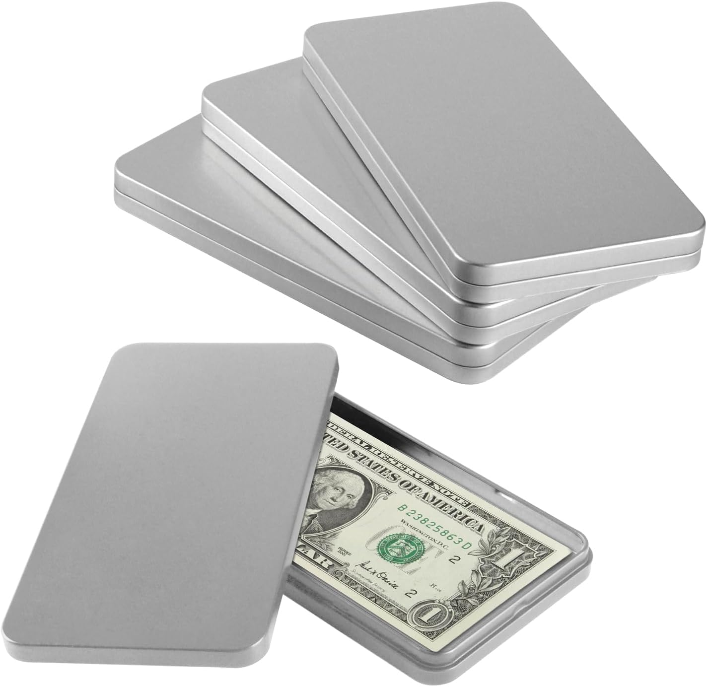 PENCK Dollar Bill Holder Metal Cash Box Money Organizer, Single Row Currency Tray Small Tin Container with Lid for Cash (Silver)