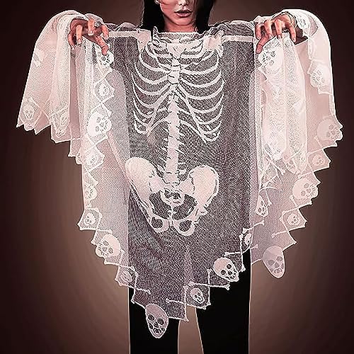 XIABYAYU Déguisement Squelette Femme, Costume de Squelette, Cape Halloween Femme, Cape Dentelle Squelettes Blanc pour Soirées de Cosplay, Halloween