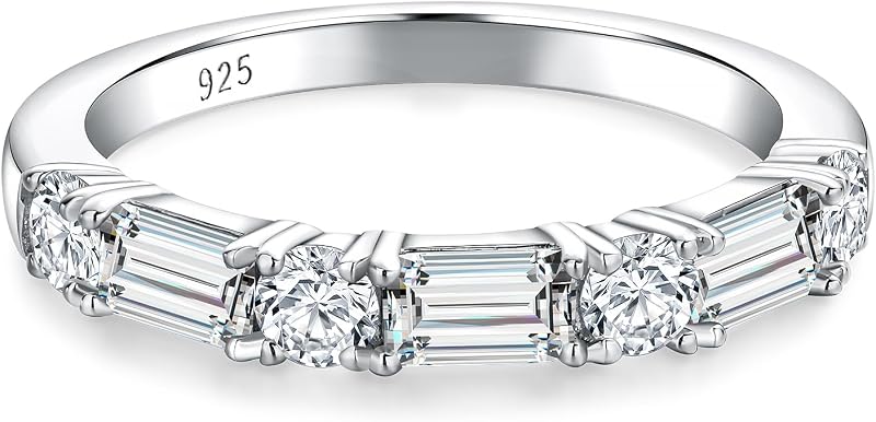 3.5mm Half Eternity Band Sterling Silver Rings for Women Sapphire/Ruby/Emerald and Cz Wedding Bands 7 Stone Stackable Birthstone Ring Anniversary Jewelry Size 6-10