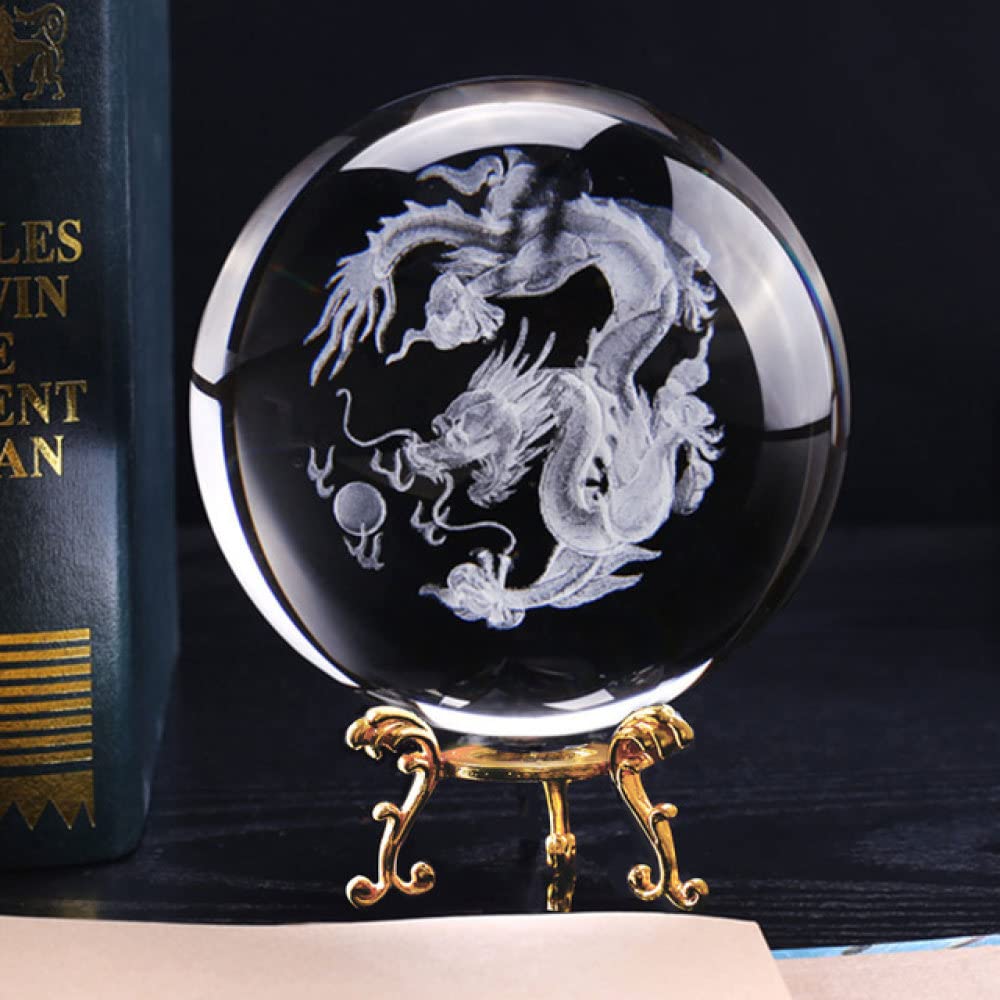 80mm 3D grawerowany smok szklana kula kula Feng Shui dekoracyjna kryształowa kula akcesoria do dekoracji wnętrz (rękodzieło), ze złotą podstawą, 8cm
