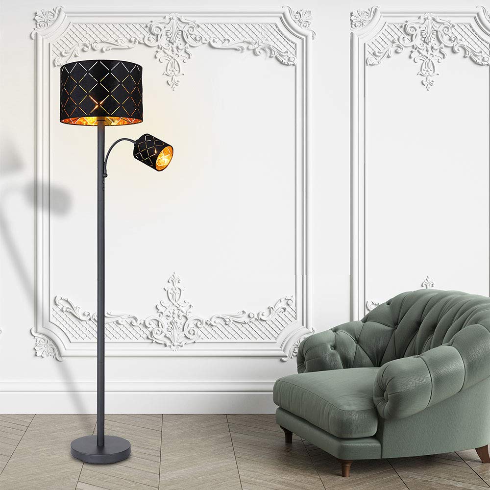 Stehleuchte mit Leselampe Stehlampe Wohnzimmer Stehleuchte Leseleuchte Deckenfluter Schwarz Gold, Leselampe flexibel Dekorstanzungen, 1x E27 1x E14, DxH 35 x 162 cm