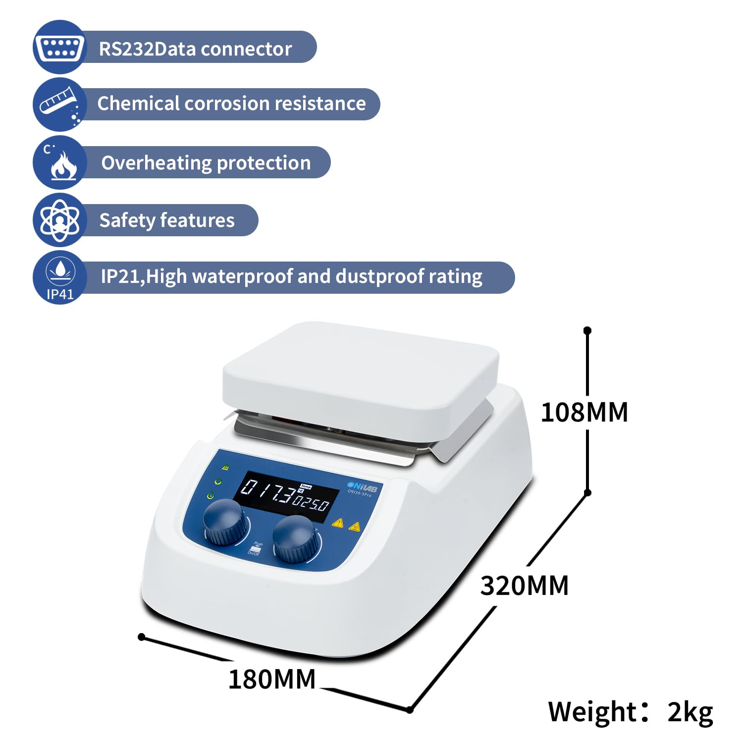 ONiLAB Agitador magnético digital LCD de 380 ℃ con placa de trabajo de aluminio recubierto de cerámica y caja de metal, temporizador 1 min-99 h59 min, 200-1500 rpm, 5 L, sensor de sonda de temperatura