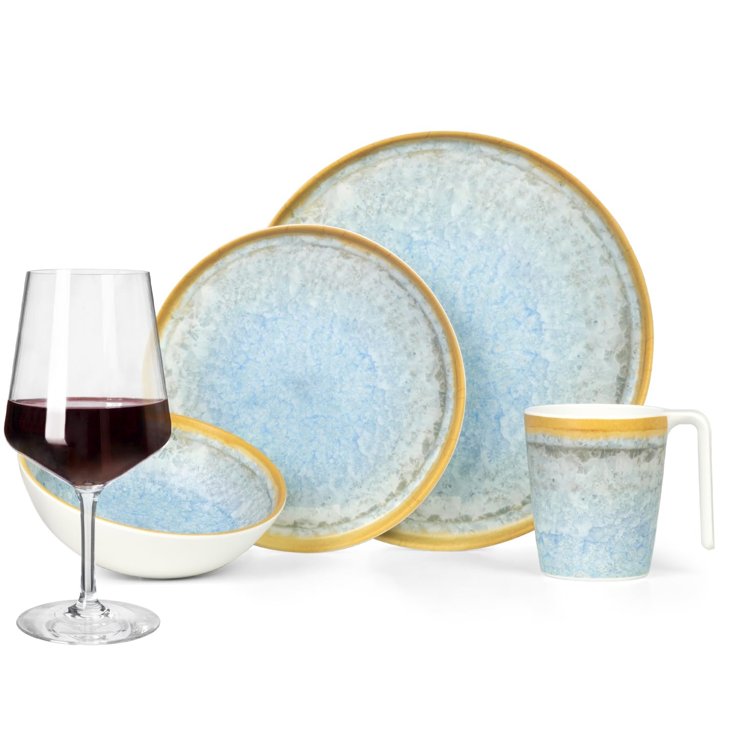 Melamina zestaw naczyń kempingowych dla 4 osób, Crystal Blue + 4 kieliszki do czerwonego wina Milano, kieliszki do wina, naczynia stołowe, piknikowe naczynia do grillowania