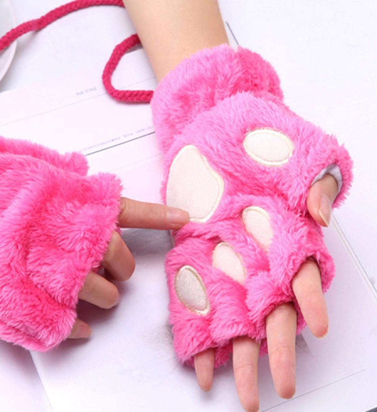 Unisex-Dorosłe Rękawiczki Damskie Zimowe Ciepłe Rękawiczki Śliczne Męskie Proste Plus Efektowne Aksamitne Pogrubienie Pół Palca Flip Keep Fingerless/Hot Pink/One Size
