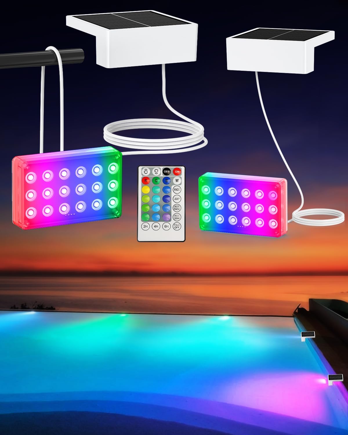 Solar Powered Underwater LED Submersible Pool Lights with Remote Control, IP68 Waterproof RGB 16-Color Changing Lights for Inground/Above Ground Swimming Pools, Outdoor Pond Decor & Party Lighting