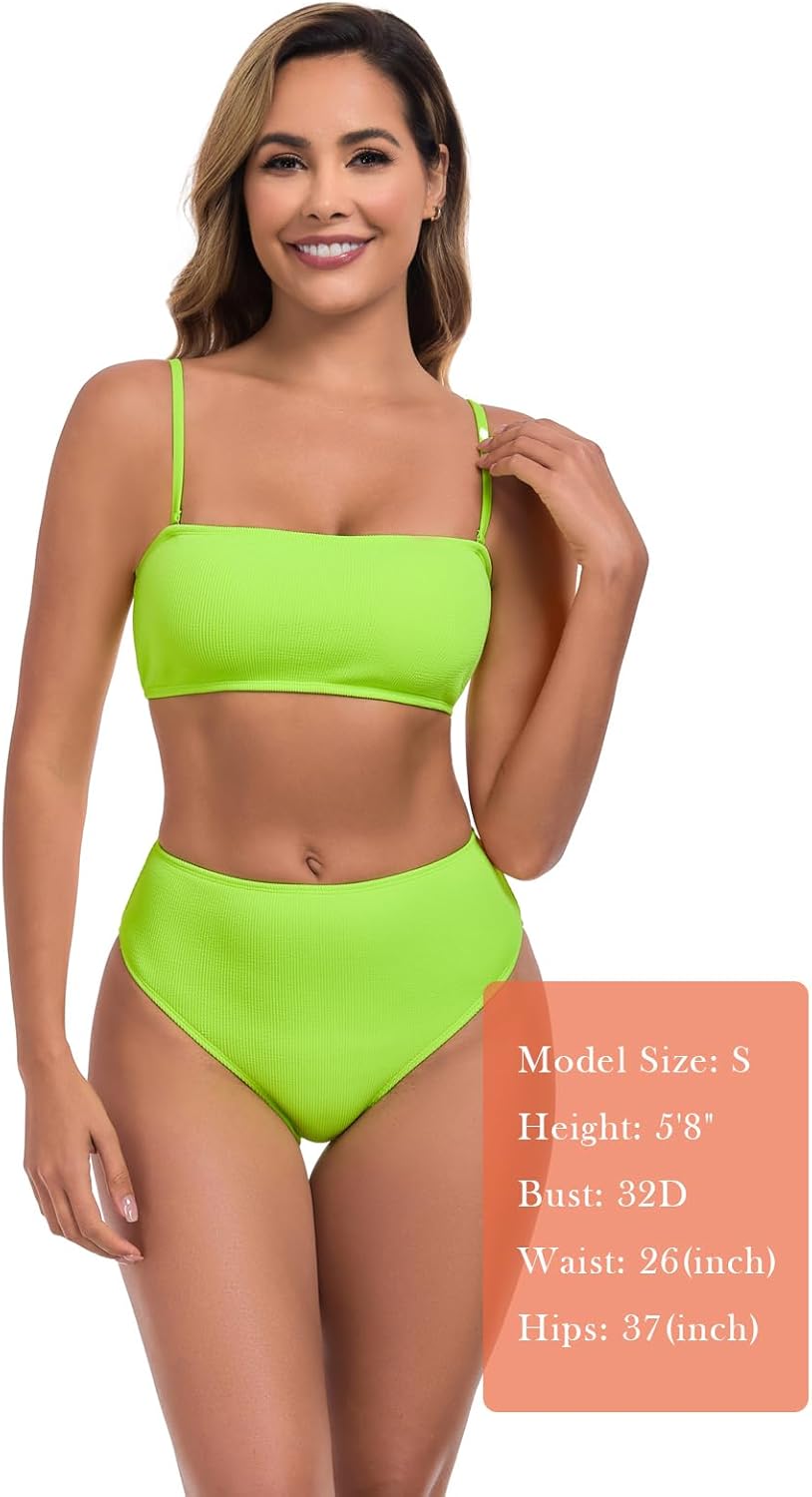 Colloyes Women's Bandeau Bikini Sets Removable Straps Lace Up Swimsuits High Waisted Two Piece Bathing Suits