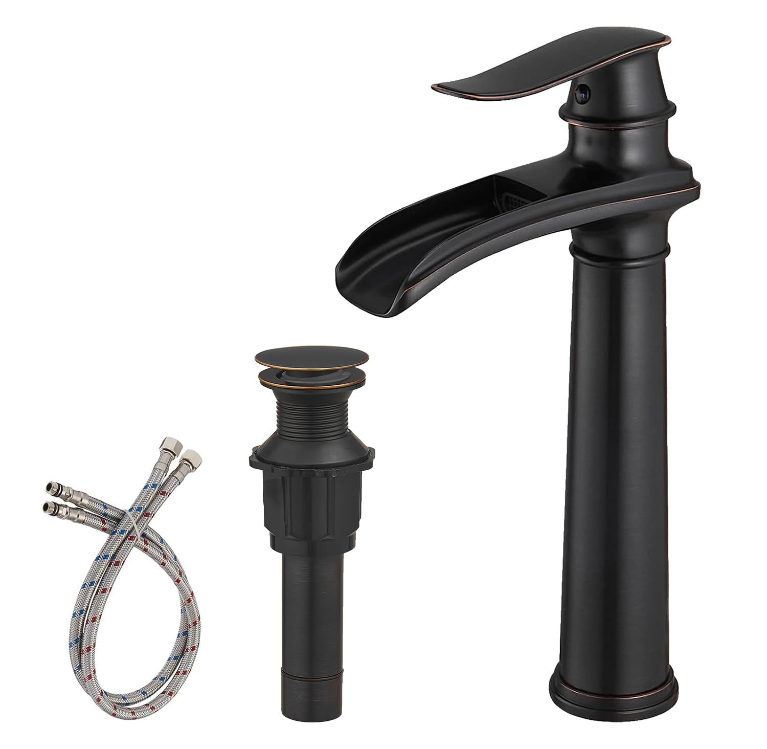 Sxithgkdw Oil Rubbed Bronze Bathroom Vessel Sink Faucet Waterfall Spout Single Handle One Hole Tall Vessel Lavatory Vanity Faucet With Pop Up Drain Assembly And Supply Hose