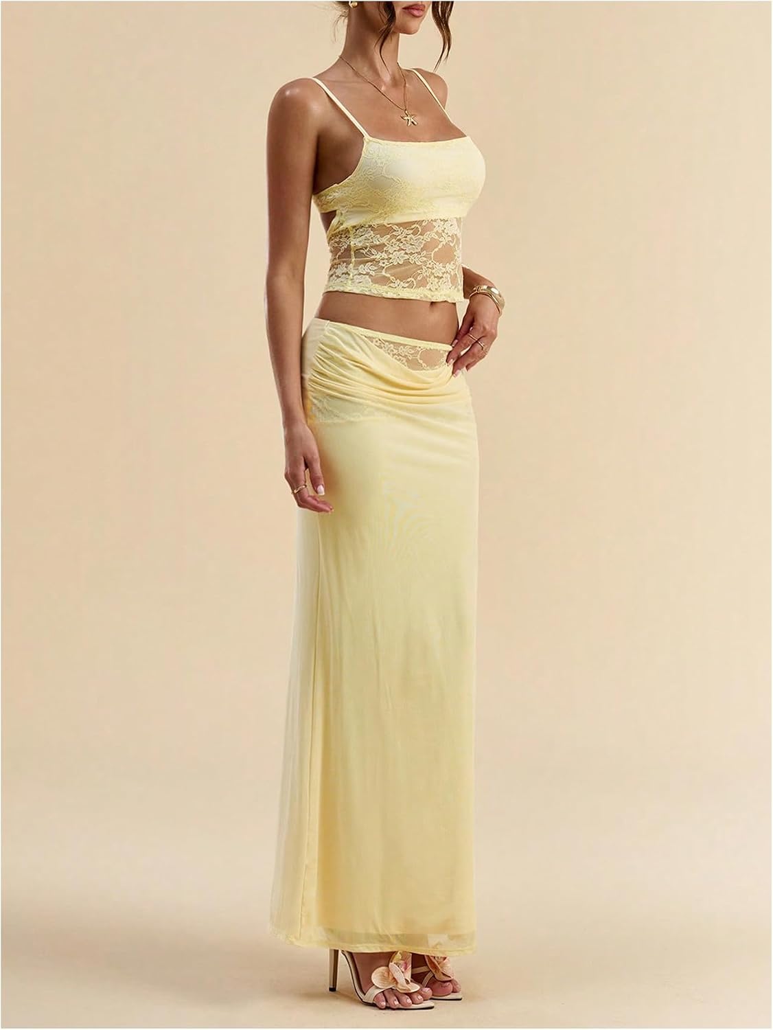 Verdusa Women's 2 Piece Vacation Outfits Lace Backless Cami Tops with Maxi Skirts Summer Going Out Sets