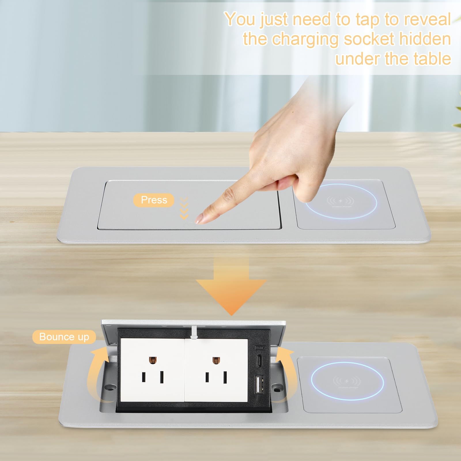 Regleta de alimentación plegable para encimera automática con cargador inalámbrico de 15 W + USB A + USB C + 2 cables de CA de 5.9 pies para conferencias, computadora, oficina, cocina (plateado)