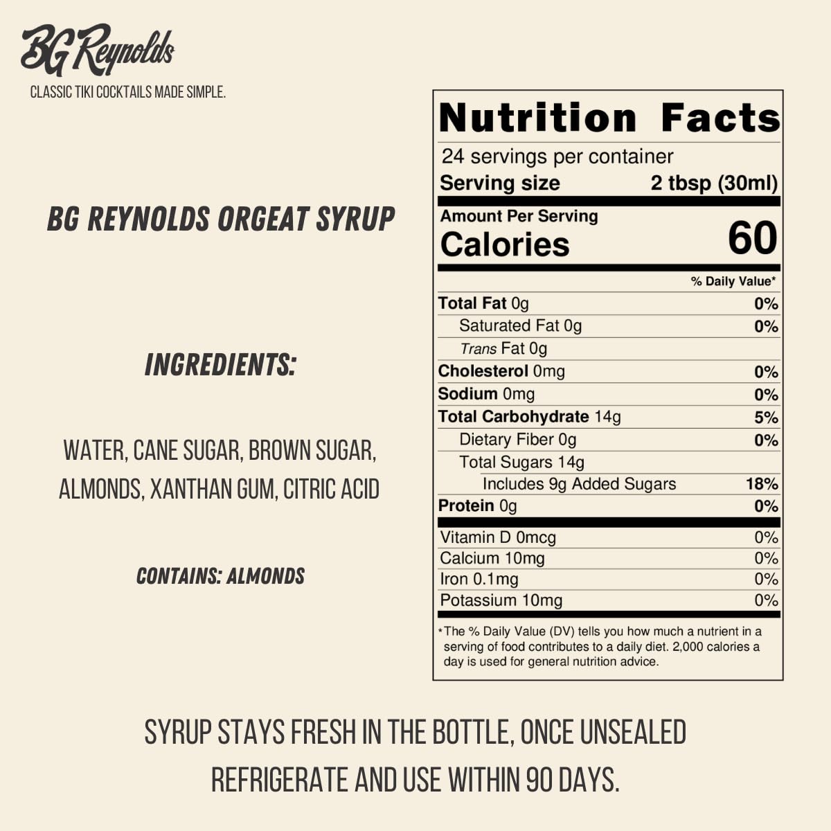 BG Reynolds Natural Tiki Cocktail Cane Syrup, Original Orgeat, 375 ml, Packaging May Vary