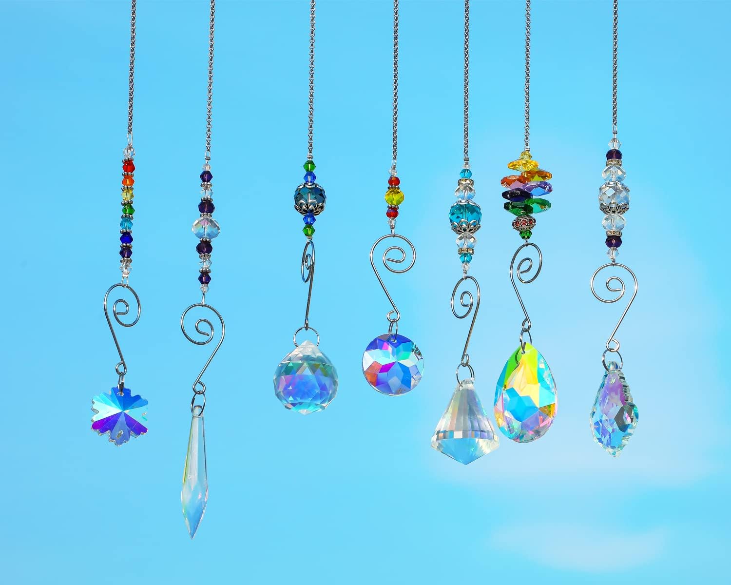 7PCS Crystal SunCatchers Hanging Sun Catcher with Colorful Beads Prism Chain Pendant Christmas Ornament, Window Home Wall Tree Cars Hanging Decoration - Image 2