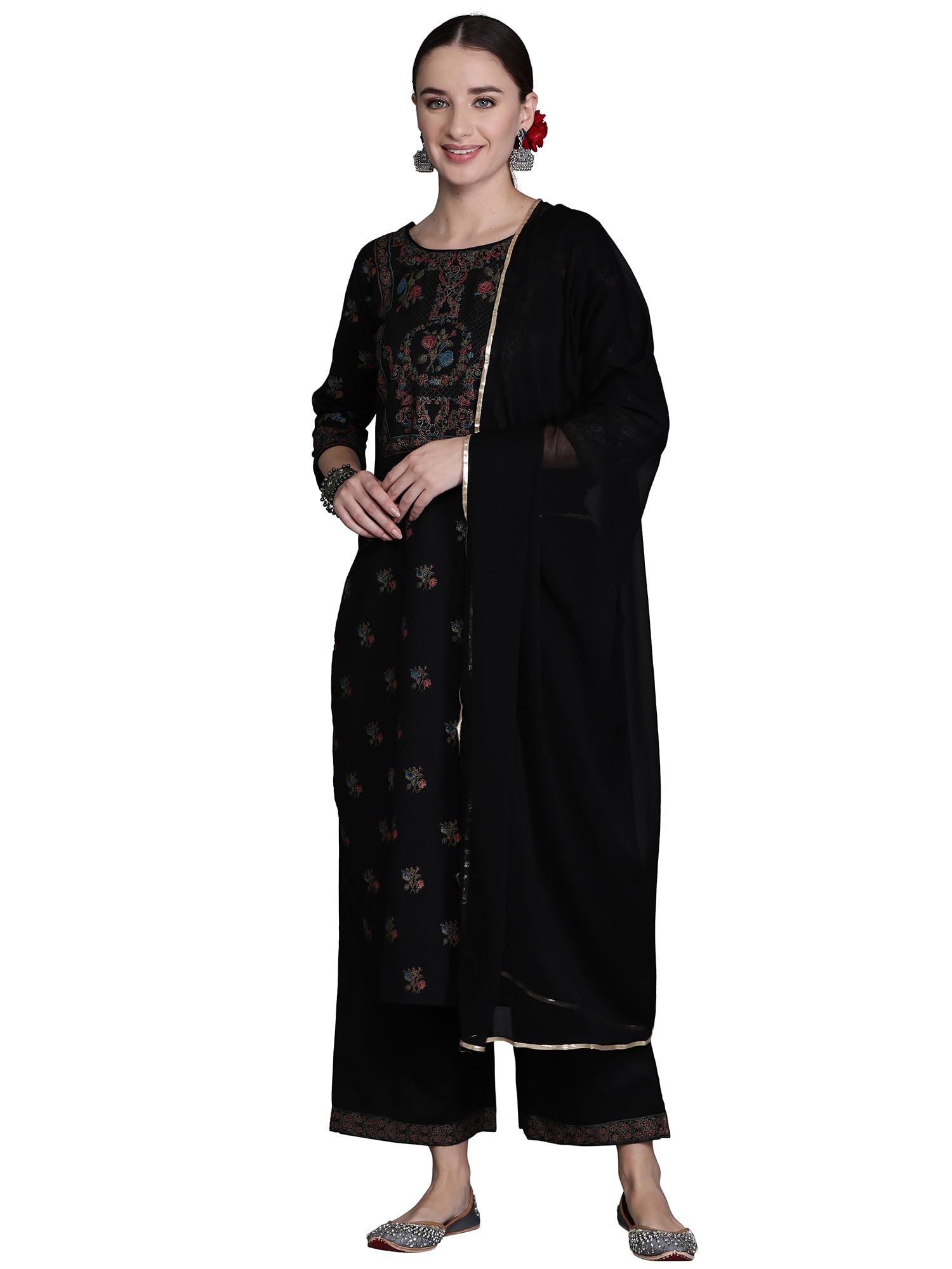 INDO ERA Womens Printed Cotton Blend Calf Length Straight Kurta Set with Dupatta (23SEP638)